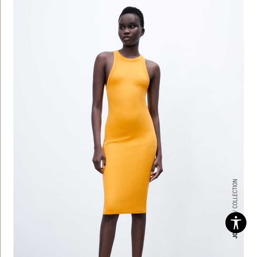 Zara Ribbed Fitted Orange Midi Dress - Small